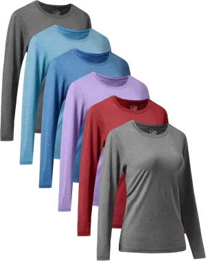 6 Pack Long Sleeve Workout Tops for Women Athletic Quick Dry Shirts Crewneck Gym Running Sport Performance T-Shirt