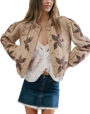 Aimiray Women's Cropped Floral Quilted Puffer Jackets 3D Printed Lightweight Button Padded Coats with Pockets