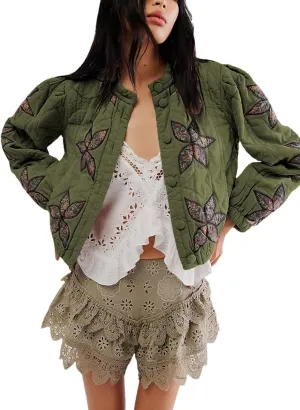 Aimiray Women's Cropped Floral Quilted Puffer Jackets 3D Printed Lightweight Button Padded Coats with Pockets