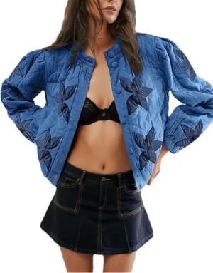 Aimiray Women's Cropped Floral Quilted Puffer Jackets 3D Printed Lightweight Button Padded Coats with Pockets