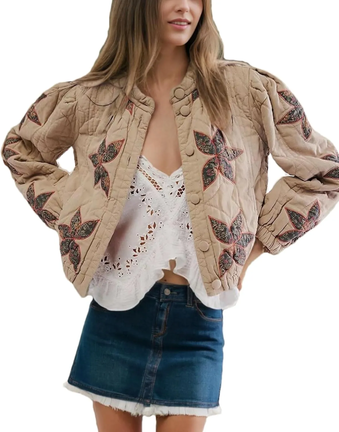 Aimiray Women's Cropped Floral Quilted Puffer Jackets 3D Printed Lightweight Button Padded Coats with Pockets
