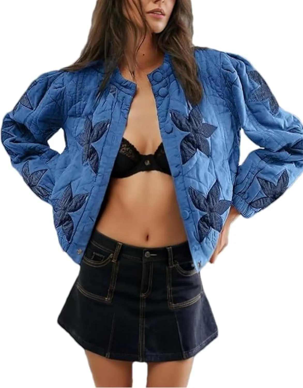 Aimiray Women's Cropped Floral Quilted Puffer Jackets 3D Printed Lightweight Button Padded Coats with Pockets