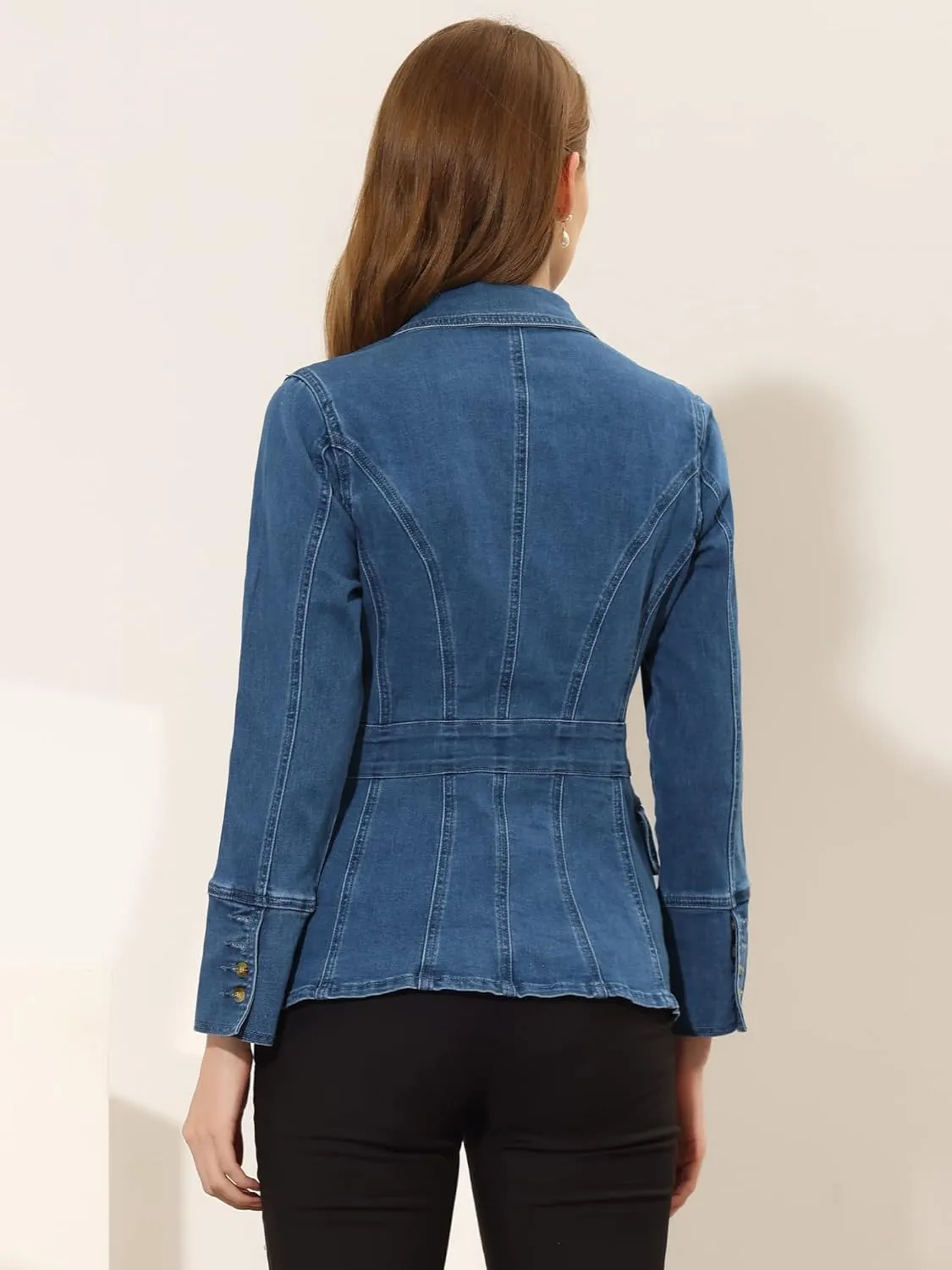 Allegra K Jean Blazer for Women's Lapel Notch Collar Long Sleeve Denim Jackets
