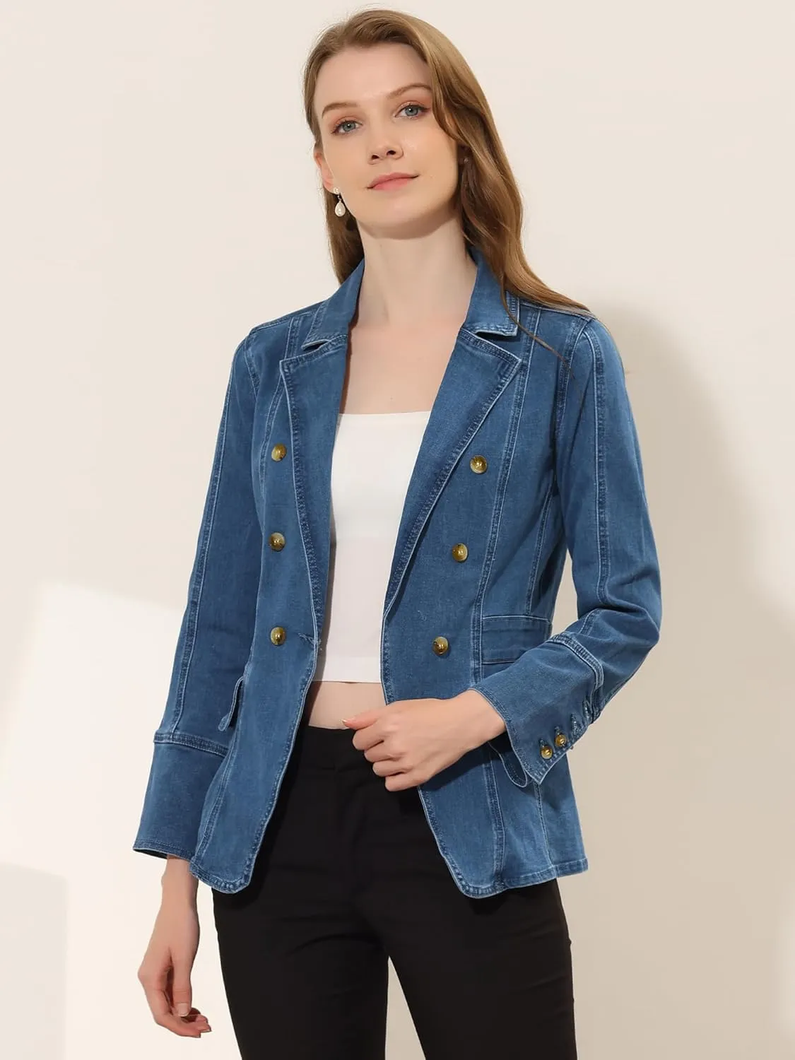 Allegra K Jean Blazer for Women's Lapel Notch Collar Long Sleeve Denim Jackets