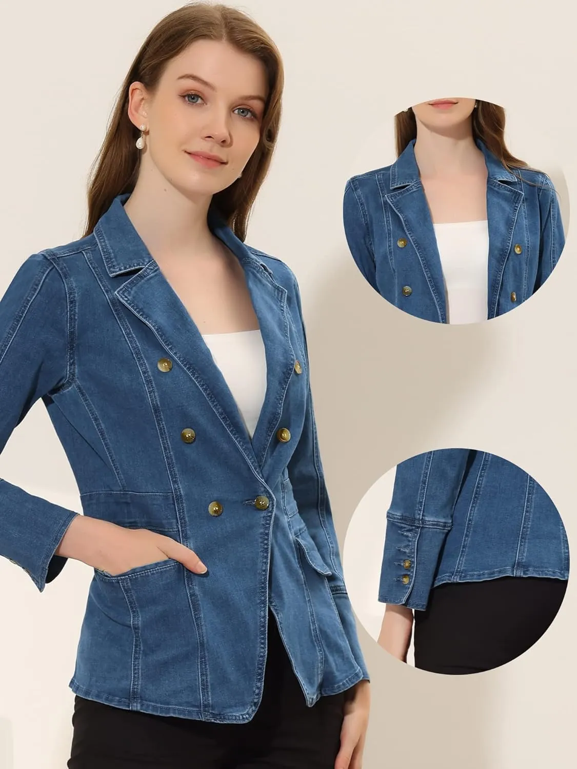 Allegra K Jean Blazer for Women's Lapel Notch Collar Long Sleeve Denim Jackets