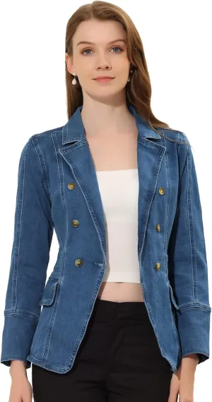 Allegra K Jean Blazer for Women's Lapel Notch Collar Long Sleeve Denim Jackets