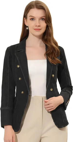 Allegra K Jean Blazer for Women's Lapel Notch Collar Long Sleeve Denim Jackets