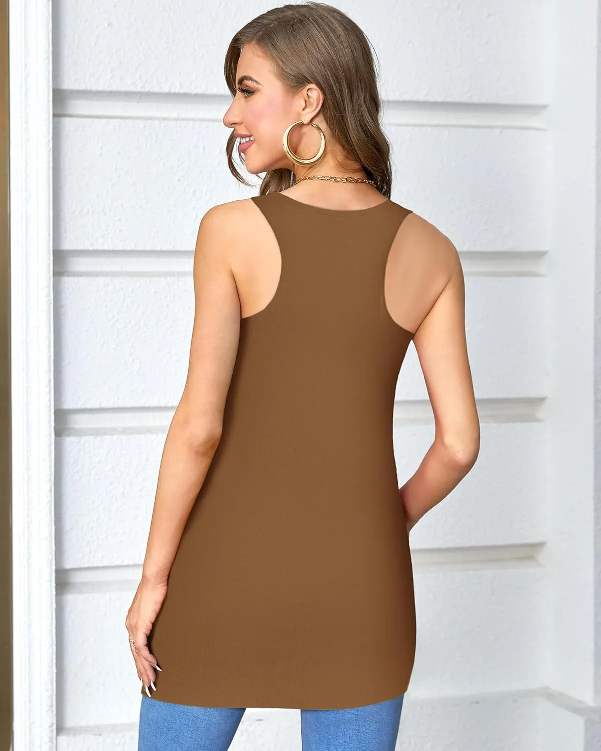 ALove Womens Extra Long Tank Tops with Shelf Bra Ribbed Camisoles Undershirts