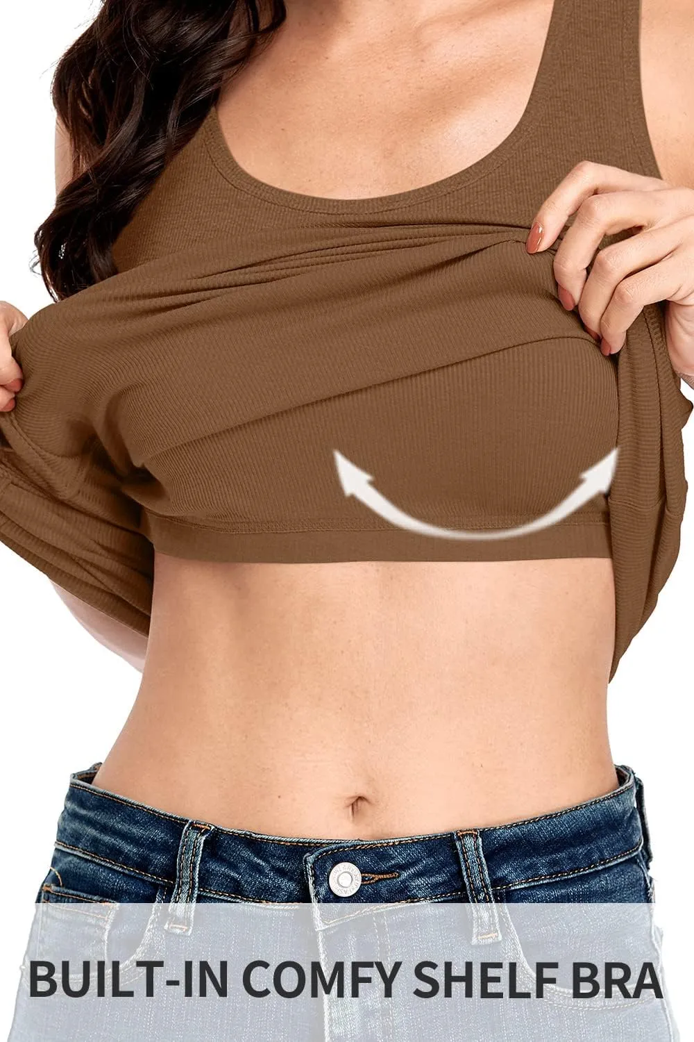 ALove Womens Extra Long Tank Tops with Shelf Bra Ribbed Camisoles Undershirts