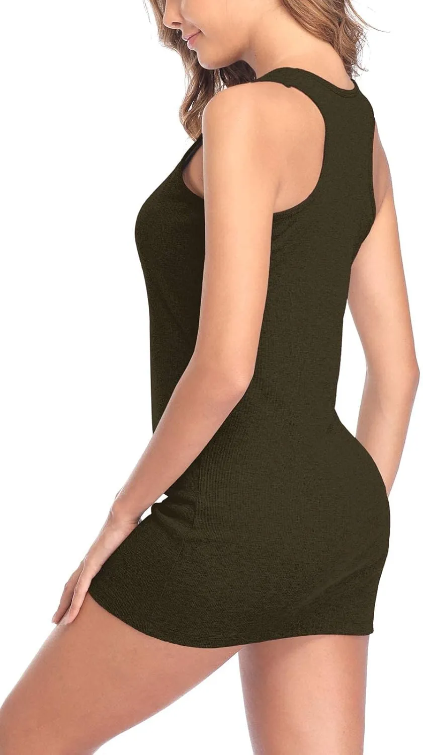 ALove Womens Extra Long Tank Tops with Shelf Bra Ribbed Camisoles Undershirts
