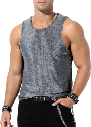 Arjen Kroos Men's Sequin Tank Top, Gold Glitter Rave Sleeve Shirts, Sparkly Disco Mens Vest