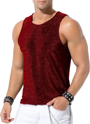 Arjen Kroos Men's Sequin Tank Top, Gold Glitter Rave Sleeve Shirts, Sparkly Disco Mens Vest