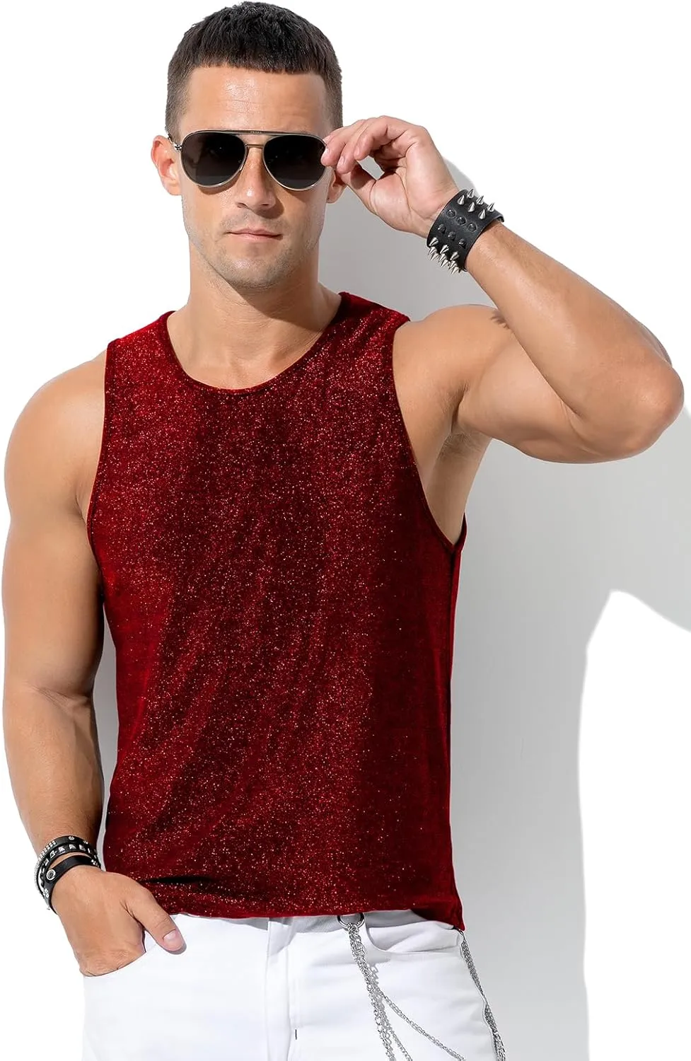 Arjen Kroos Men's Sequin Tank Top, Gold Glitter Rave Sleeve Shirts, Sparkly Disco Mens Vest