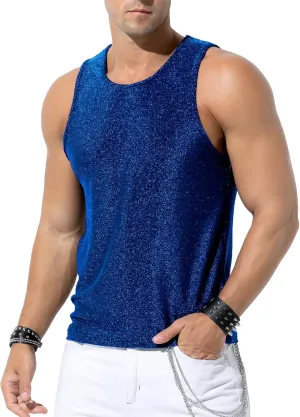 Arjen Kroos Men's Sequin Tank Top, Gold Glitter Rave Sleeve Shirts, Sparkly Disco Mens Vest
