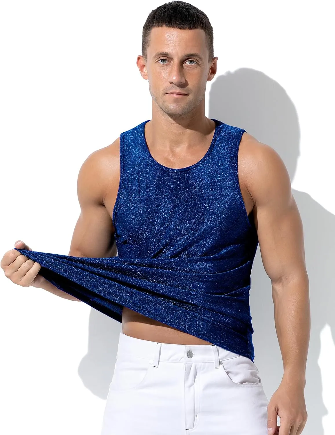 Arjen Kroos Men's Sequin Tank Top, Gold Glitter Rave Sleeve Shirts, Sparkly Disco Mens Vest