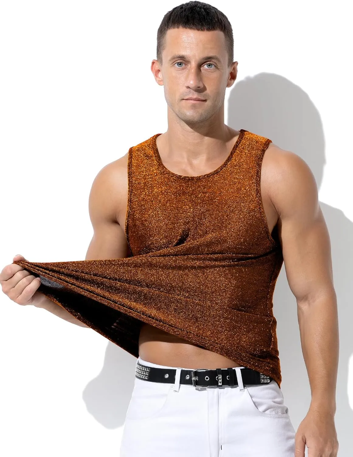 Arjen Kroos Men's Sequin Tank Top, Gold Glitter Rave Sleeve Shirts, Sparkly Disco Mens Vest