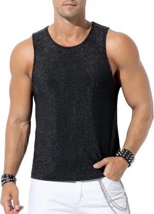 Arjen Kroos Men's Sequin Tank Top, Gold Glitter Rave Sleeve Shirts, Sparkly Disco Mens Vest