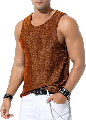 Arjen Kroos Men's Sequin Tank Top, Gold Glitter Rave Sleeve Shirts, Sparkly Disco Mens Vest