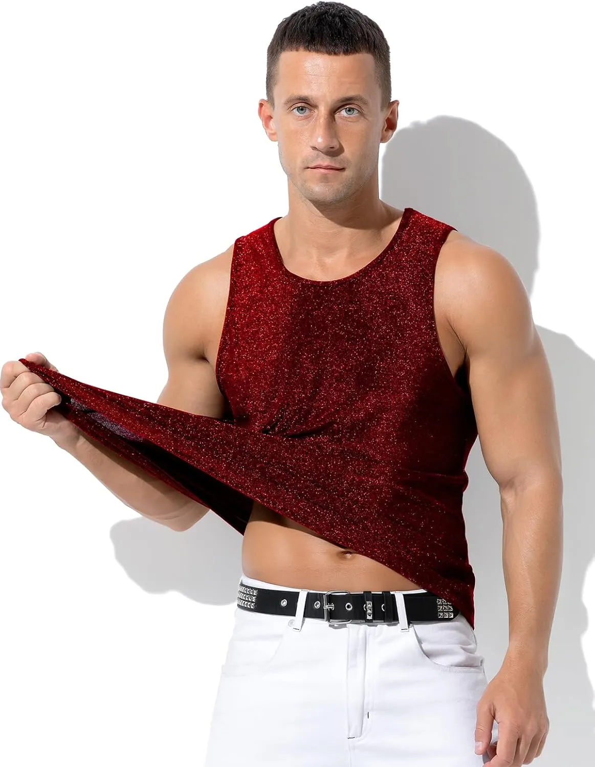 Arjen Kroos Men's Sequin Tank Top, Gold Glitter Rave Sleeve Shirts, Sparkly Disco Mens Vest