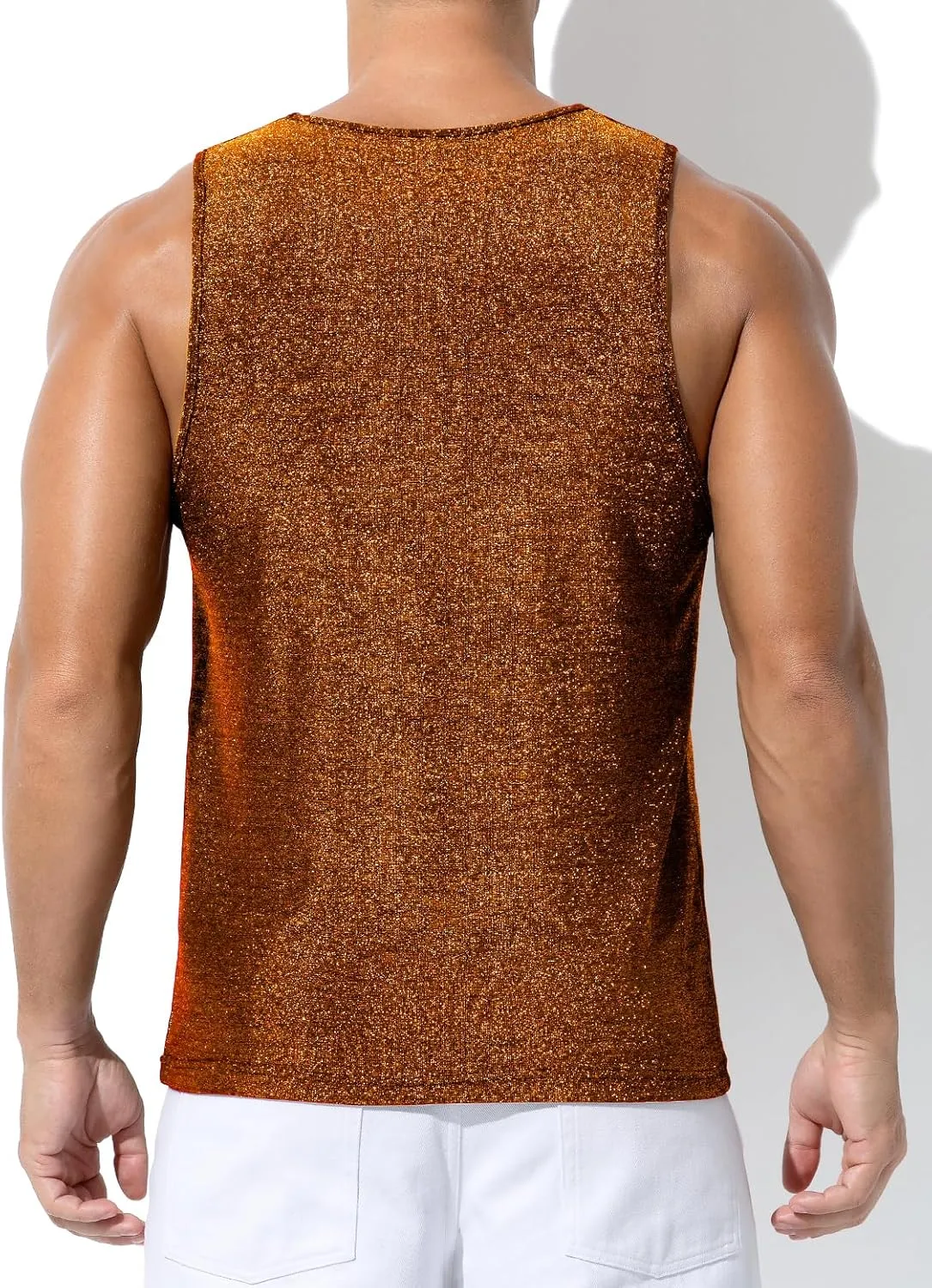 Arjen Kroos Men's Sequin Tank Top, Gold Glitter Rave Sleeve Shirts, Sparkly Disco Mens Vest