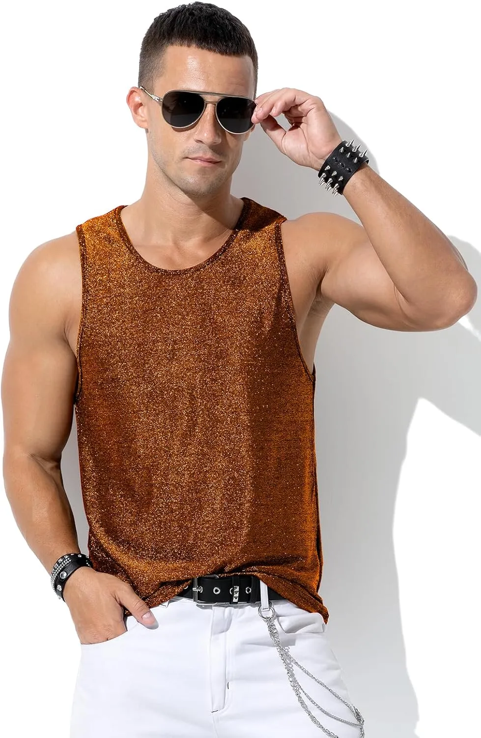 Arjen Kroos Men's Sequin Tank Top, Gold Glitter Rave Sleeve Shirts, Sparkly Disco Mens Vest