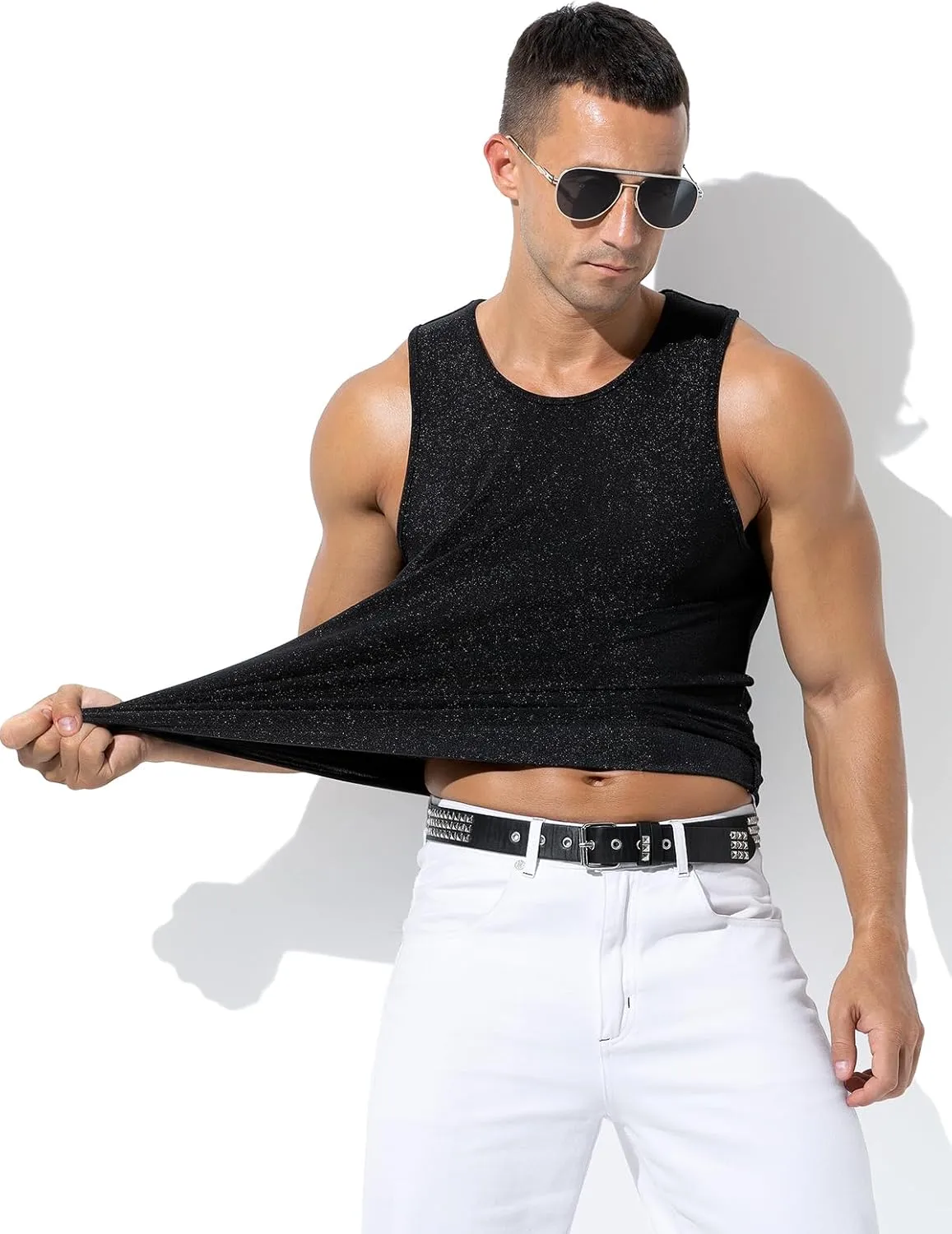 Arjen Kroos Men's Sequin Tank Top, Gold Glitter Rave Sleeve Shirts, Sparkly Disco Mens Vest