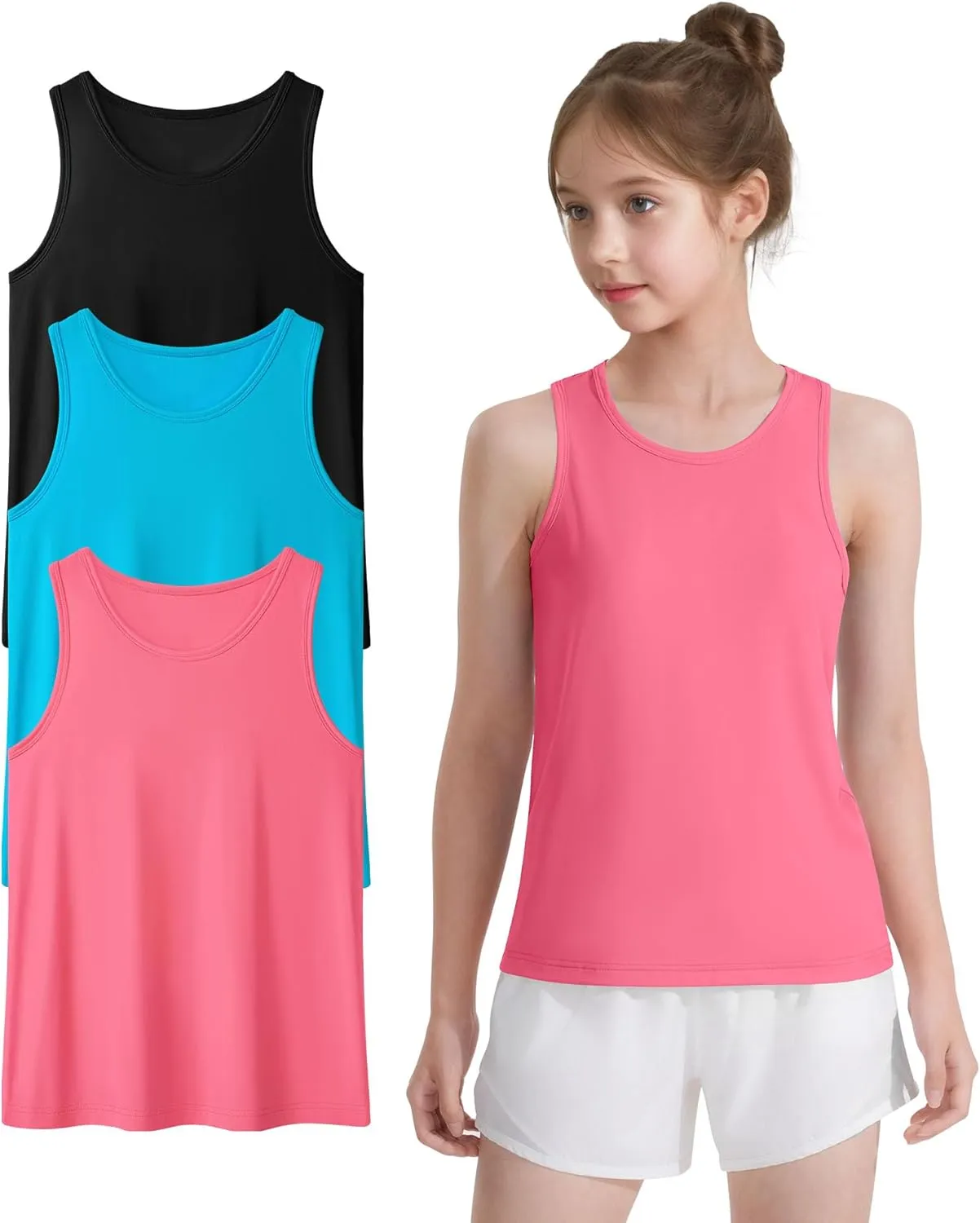 Auranso Girls Athletic Tank Tops 3 Pack UPF 50  Racerback Sleeveless Quick Dry Sports Dance Workout Tops