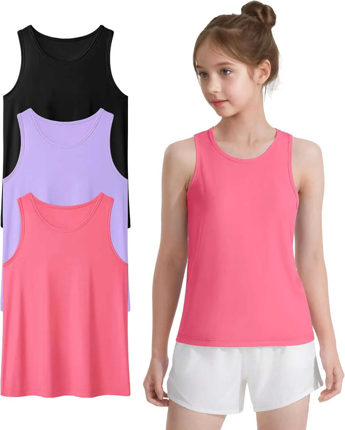 Auranso Girls Athletic Tank Tops 3 Pack UPF 50  Racerback Sleeveless Quick Dry Sports Dance Workout Tops