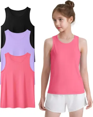 Auranso Girls Athletic Tank Tops 3 Pack UPF 50  Racerback Sleeveless Quick Dry Sports Dance Workout Tops