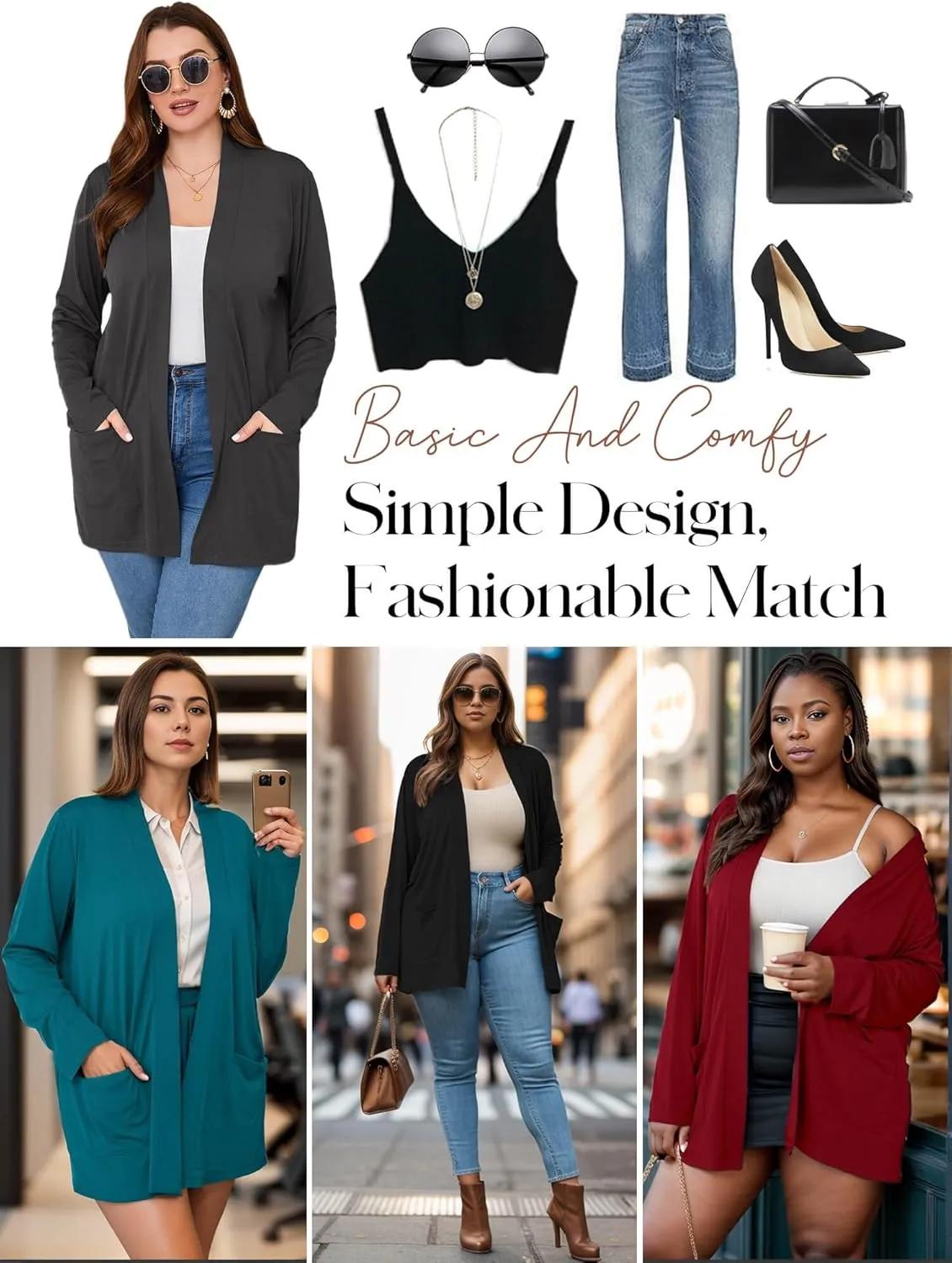 AusLook Women's Plus Size Lightweight Open Front Cardigan 3/4 Sleeve Cover Ups Shrugs Shawls and Wraps Kimono Jacket Coat