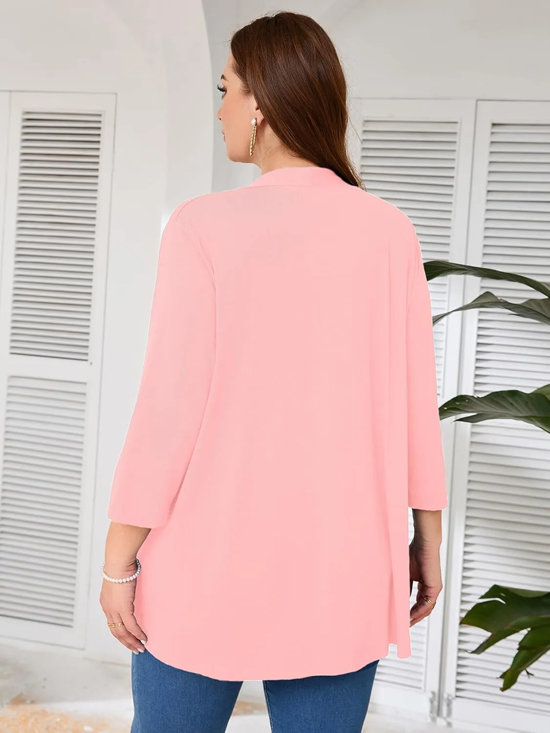 AusLook Women's Plus Size Lightweight Open Front Cardigan 3/4 Sleeve Cover Ups Shrugs Shawls and Wraps Kimono Jacket Coat