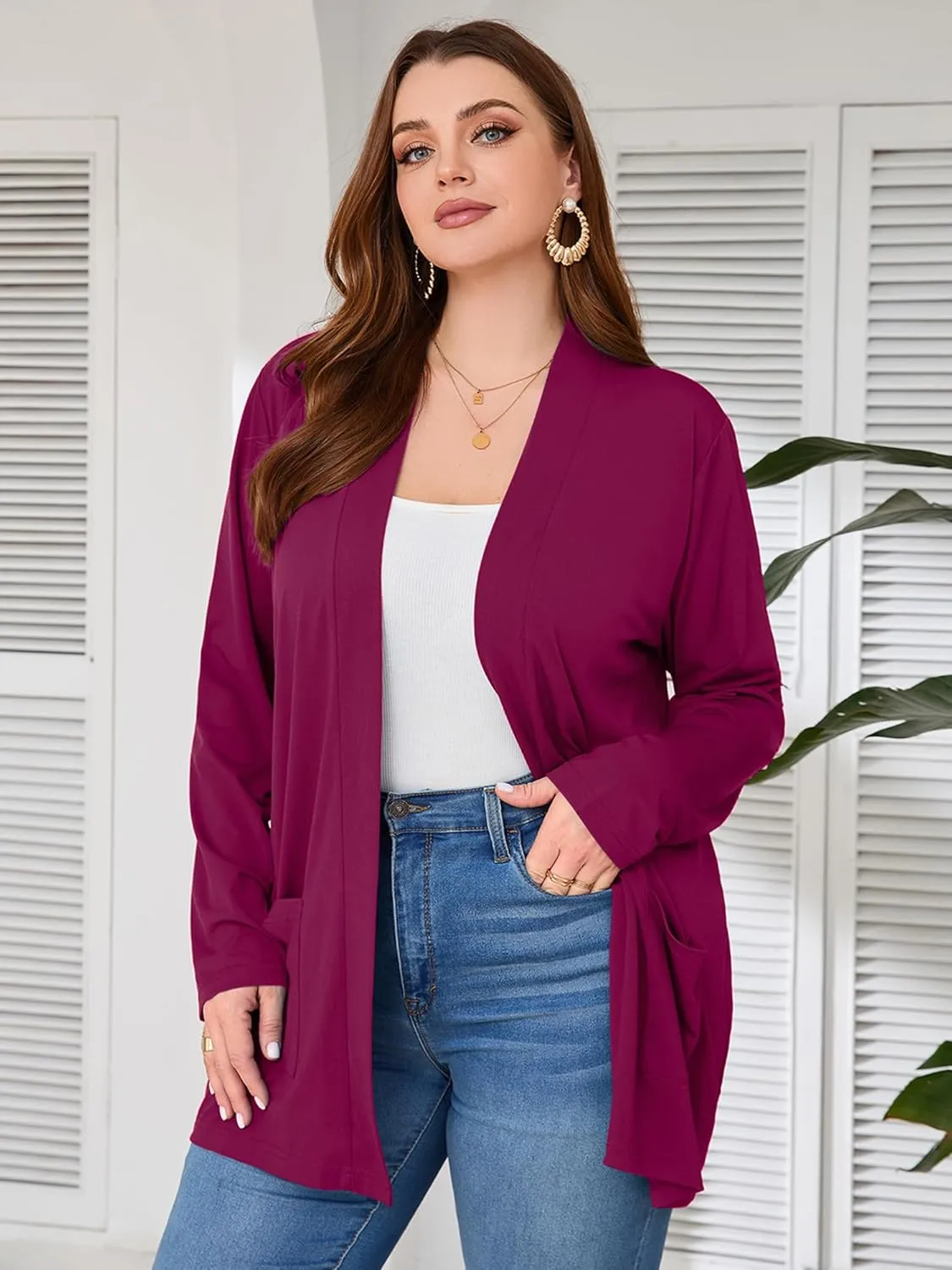 AusLook Women's Plus Size Lightweight Open Front Cardigan 3/4 Sleeve Cover Ups Shrugs Shawls and Wraps Kimono Jacket Coat