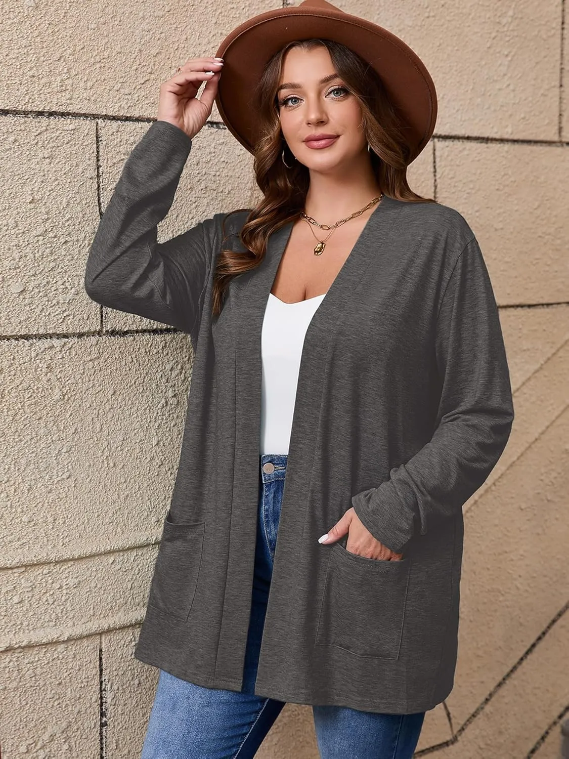 AusLook Women's Plus Size Lightweight Open Front Cardigan 3/4 Sleeve Cover Ups Shrugs Shawls and Wraps Kimono Jacket Coat