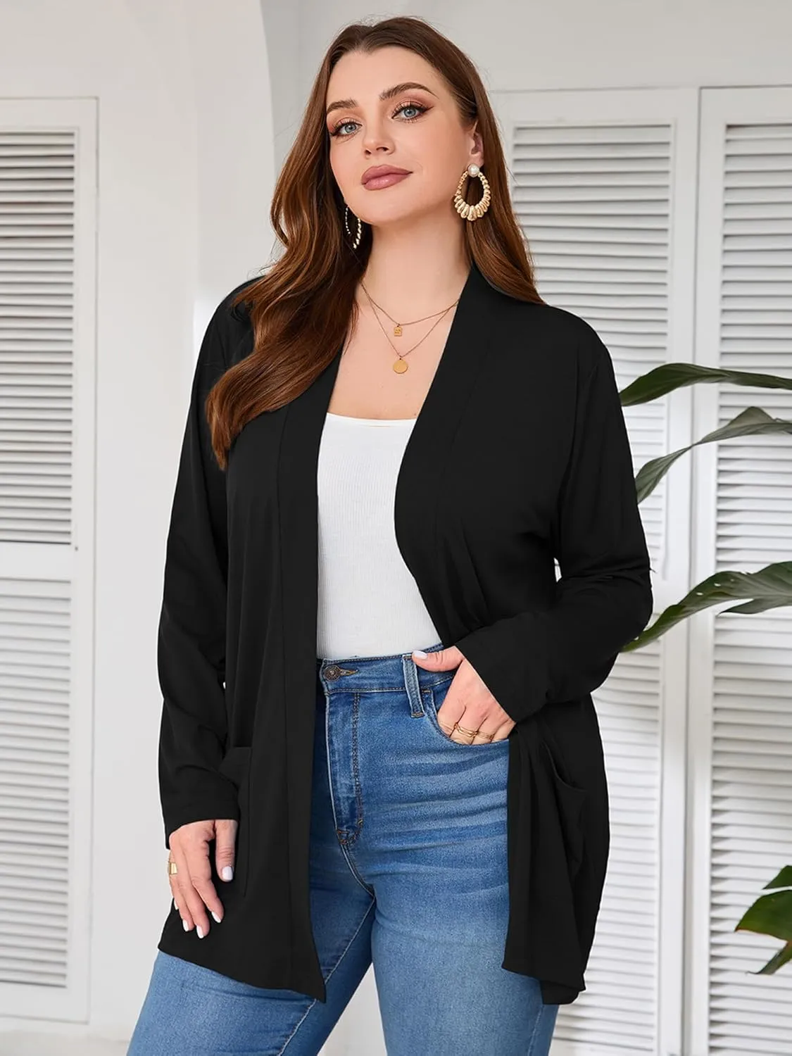 AusLook Women's Plus Size Lightweight Open Front Cardigan 3/4 Sleeve Cover Ups Shrugs Shawls and Wraps Kimono Jacket Coat
