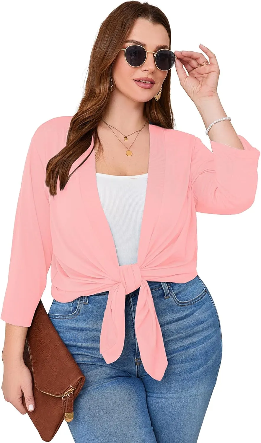 AusLook Women's Plus Size Lightweight Open Front Cardigan 3/4 Sleeve Cover Ups Shrugs Shawls and Wraps Kimono Jacket Coat