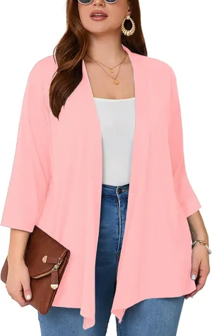 AusLook Women's Plus Size Lightweight Open Front Cardigan 3/4 Sleeve Cover Ups Shrugs Shawls and Wraps Kimono Jacket Coat