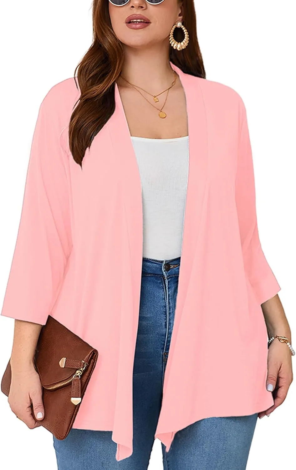 AusLook Women's Plus Size Lightweight Open Front Cardigan 3/4 Sleeve Cover Ups Shrugs Shawls and Wraps Kimono Jacket Coat