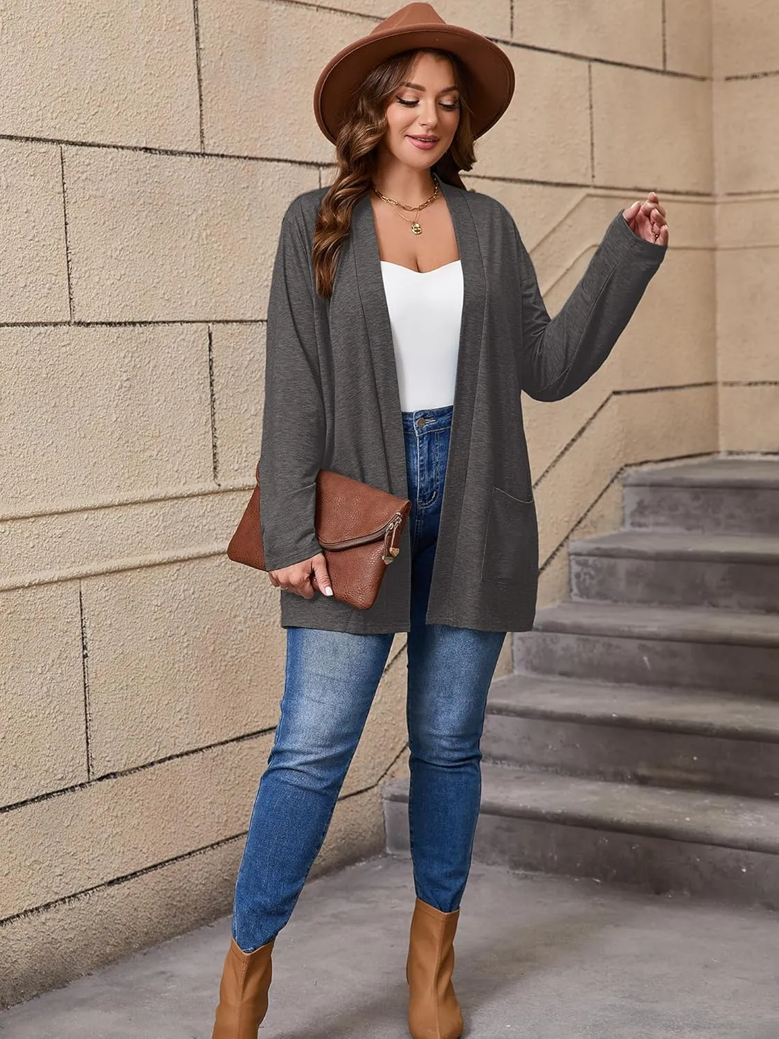 AusLook Women's Plus Size Lightweight Open Front Cardigan 3/4 Sleeve Cover Ups Shrugs Shawls and Wraps Kimono Jacket Coat