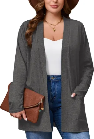 AusLook Women's Plus Size Lightweight Open Front Cardigan 3/4 Sleeve Cover Ups Shrugs Shawls and Wraps Kimono Jacket Coat