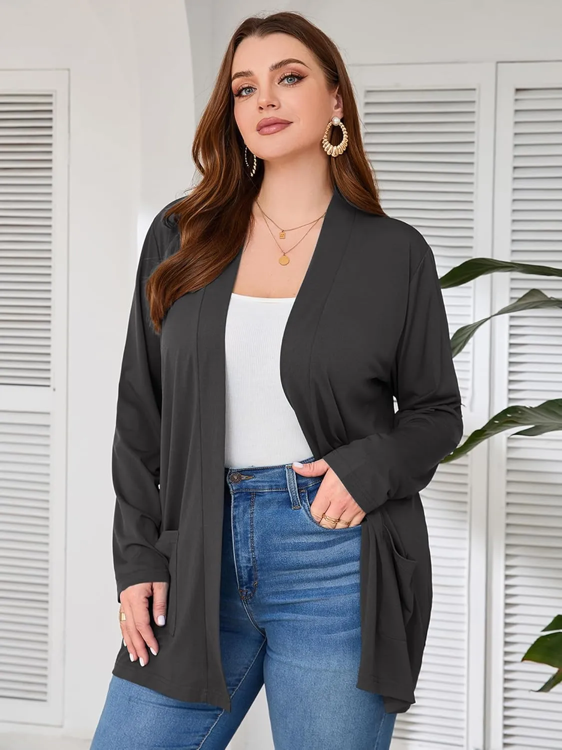 AusLook Women's Plus Size Lightweight Open Front Cardigan 3/4 Sleeve Cover Ups Shrugs Shawls and Wraps Kimono Jacket