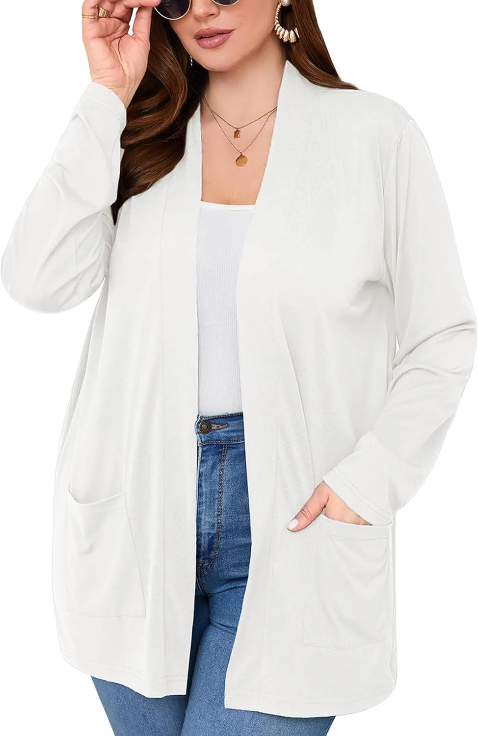 AusLook Women's Plus Size Lightweight Open Front Cardigan 3/4 Sleeve Cover Ups Shrugs Shawls and Wraps Kimono Jacket