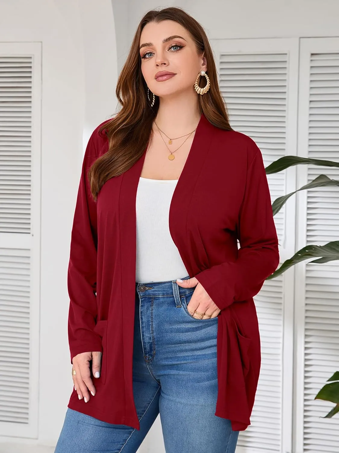 AusLook Women's Plus Size Lightweight Open Front Cardigan 3/4 Sleeve Cover Ups Shrugs Shawls and Wraps Kimono Jacket
