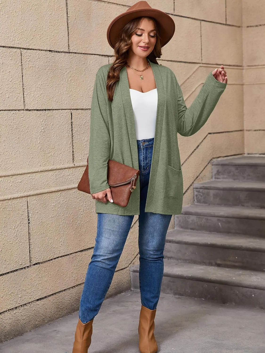 AusLook Women's Plus Size Lightweight Open Front Cardigan 3/4 Sleeve Cover Ups Shrugs Shawls and Wraps Kimono Jacket