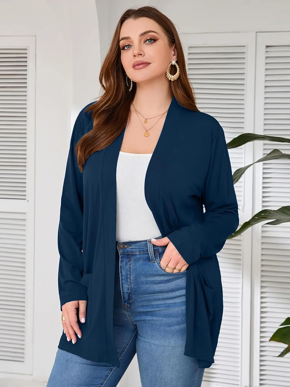 AusLook Women's Plus Size Lightweight Open Front Cardigan 3/4 Sleeve Cover Ups Shrugs Shawls and Wraps Kimono Jacket