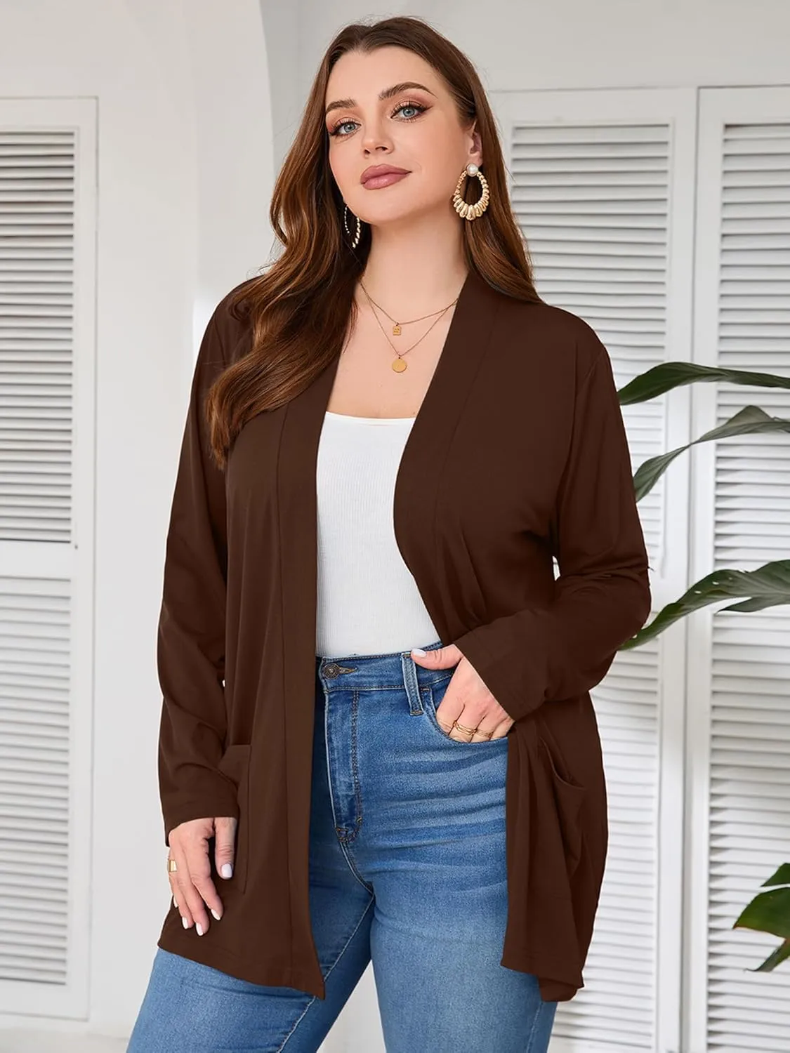 AusLook Women's Plus Size Lightweight Open Front Cardigan 3/4 Sleeve Cover Ups Shrugs Shawls and Wraps Kimono Jacket