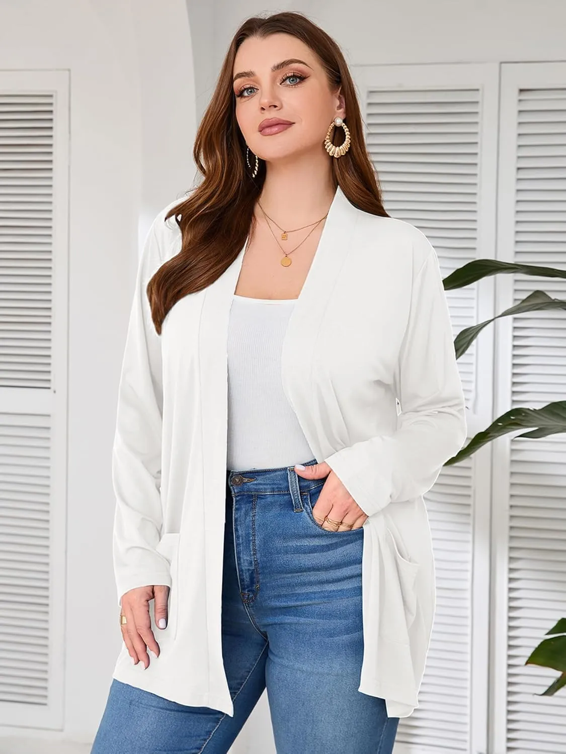 AusLook Women's Plus Size Lightweight Open Front Cardigan 3/4 Sleeve Cover Ups Shrugs Shawls and Wraps Kimono Jacket
