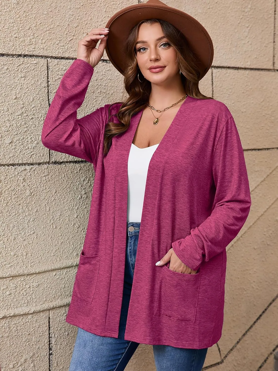 AusLook Women's Plus Size Lightweight Open Front Cardigan 3/4 Sleeve Cover Ups Shrugs Shawls and Wraps Kimono Jacket