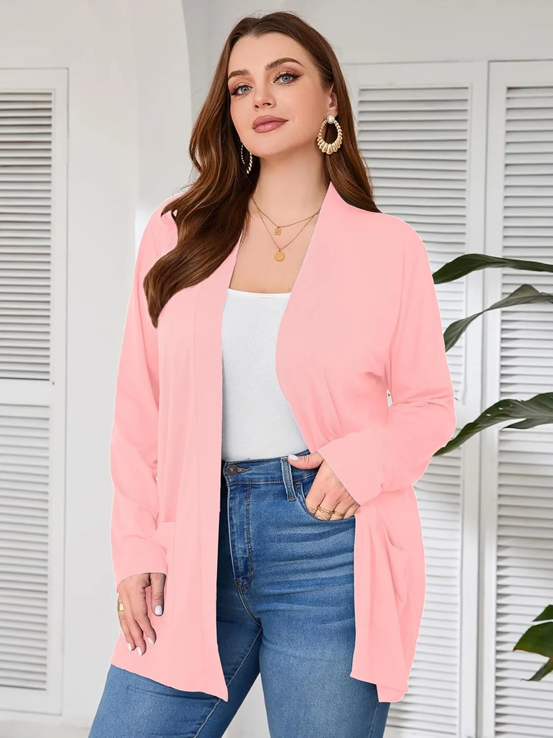 AusLook Women's Plus Size Lightweight Open Front Cardigan 3/4 Sleeve Cover Ups Shrugs Shawls and Wraps Kimono Jacket
