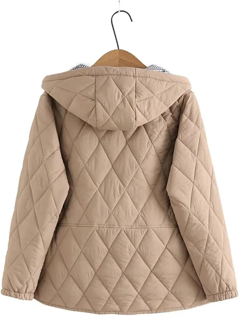 Autumn Winter Parkas Women Loose Fit Padded Jacket Hooded Argyle Thin Cotton Coat
