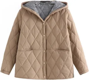 Autumn Winter Parkas Women Loose Fit Padded Jacket Hooded Argyle Thin Cotton Coat